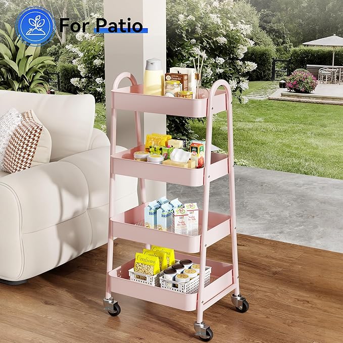 OLIXIS 4 Tier Utility Rolling Cart, Metal Mobile Storage Shelf with Lockable Caster Wheels, Organization for Livingroom, Bathroom & Narrow Places, 4-Tier Pink
