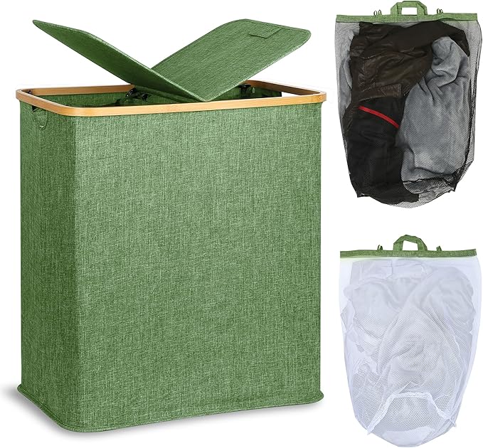 efluky Laundry Hamper with Lid, Double Laundry Hamper with 2 Removable Bags, 2 Section Laundry Basket with Bamboo Handles for Bathroom, Bedroom & Laundry Room,140L Green
