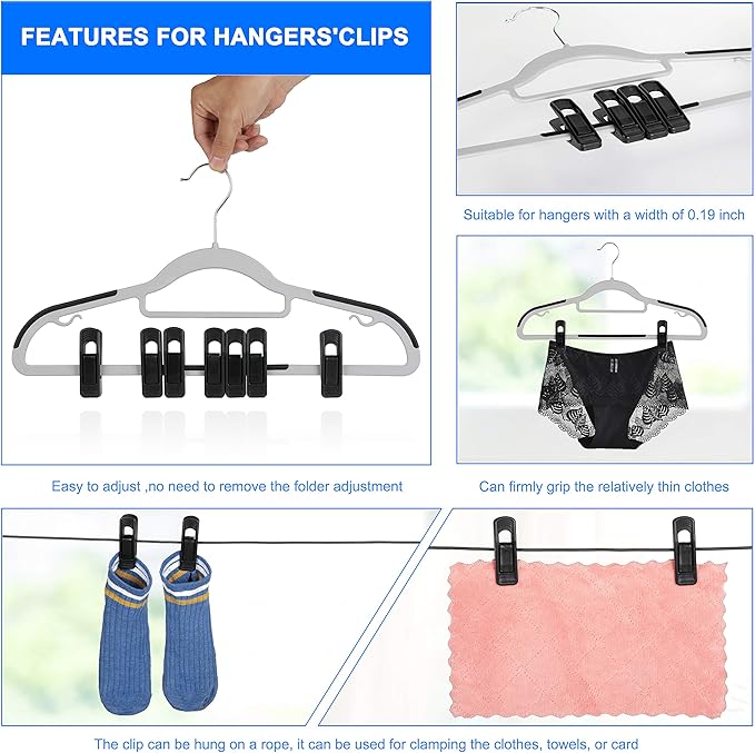 Tinfol Black Plastic Hanger Clips 40 Pack, Large Opening Pant Clips, Strong Pinch Grip Clip for Slim-line Clothes Hangers, Multi-Purpose Finger Clip for Skirt Pant Hangers