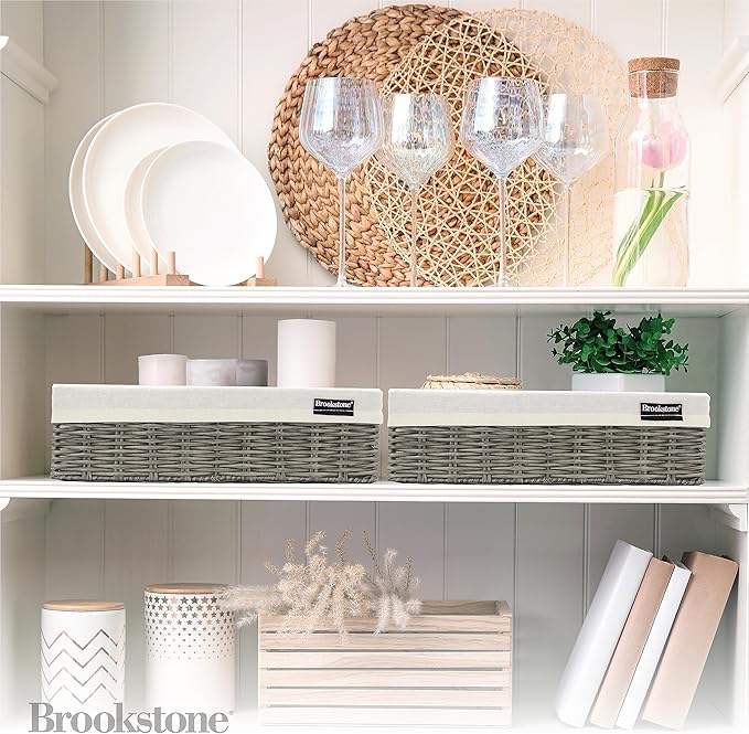 Brookstone Wicker Storage Basket Two Pack Set, Bathroom and Closet Organizers and Storage Bins with Fabric Liner, Grey