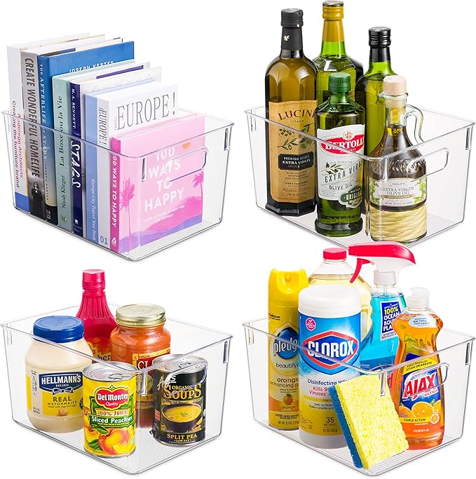 Pack Of 4 Plastic Kitchen Organization Pantry Storage Bins - Fridge Organizer Household Food Baskets for Countertops, Cabinets, Refrigerator, Freezer, Bedrooms, Bathrooms