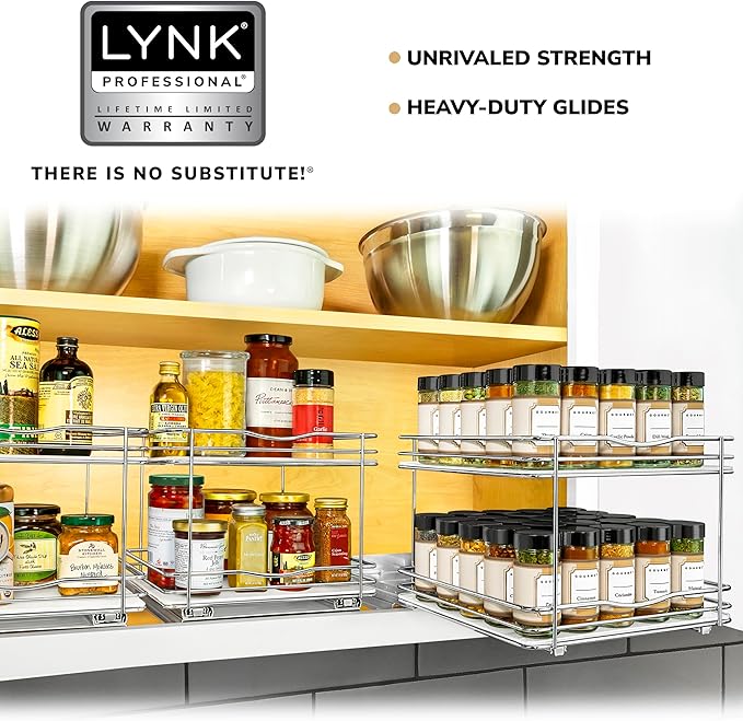 LYNK PROFESSIONAL® Pull Out Spice Rack Organizer for Inside Kitchen Cabinets - 10-3/8 inch Wide - Slide Out Drawer – Chrome Sliding Spice Organization for cabinet - Spice Racks - 2 Tier