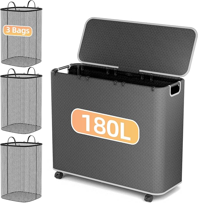 Yecaye 180L Laundry Basket With Lid and Removable 3 Bags, Large Rolling Laundry Hamper with Lid, 3 Section Rolling Clothes Storage With Wheels, Clothes Hamper with Wheels For Laundry Room, Black