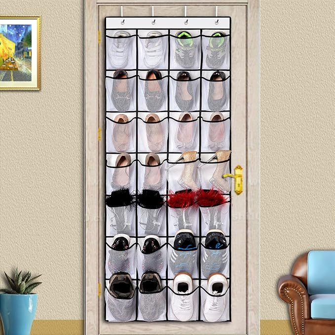 REGELETO 28 Large Pocket Over the Door Shoe Organzier, Hanging Shoe Rack for Door Large Capacity Shoe Organizer Holder with 4 Metal Hooks.