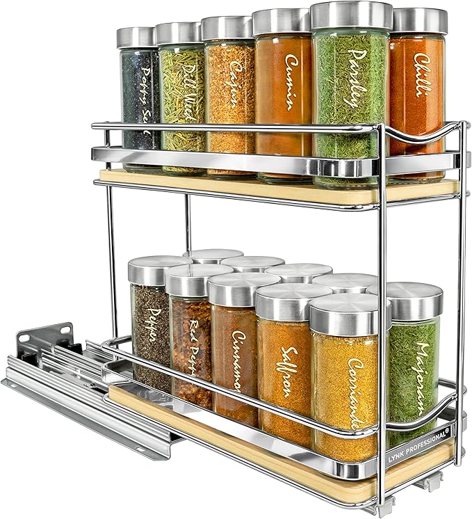 LYNK PROFESSIONAL® Élite™ Pull Out Spice Rack Organizer for Inside Kitchen Cabinets - 4-3/8 inch Wide - Slide Out Drawer – Wood/Chrome Sliding Spice Organization for cabinet - Spice Racks - 2 Tier