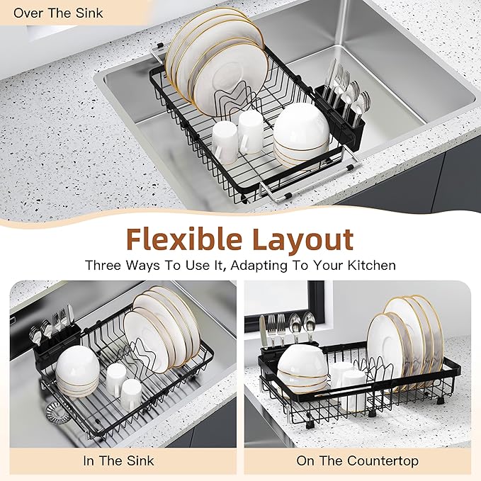 romision Expandable Dish Drying Rack Over The Sink Small Metal Stainless Steel Plate Holder for Compact Kitchen, Space Saving Modern Black Hanging Drainer