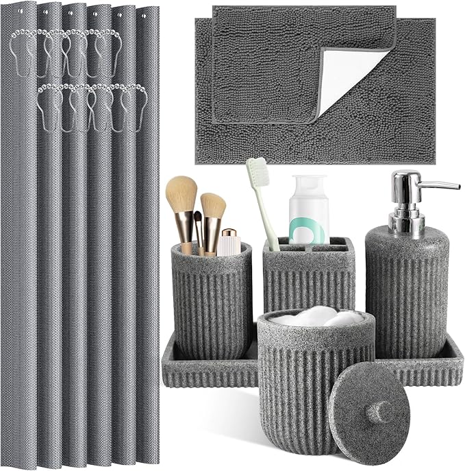 8-Piece Grey Bathroom Sets with Shower Curtain and Rugs, Resin Bathroom Accessories Sets Complete with Soap Dispenser, Toothbrush Holder, Tumbler & Apothecary Jars Bathroom Essentials
