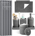 8-Piece Grey Bathroom Sets with Shower Curtain and Rugs, Resin Bathroom Accessories Sets Complete with Soap Dispenser, Toothbrush Holder, Tumbler & Apothecary Jars Bathroom Essentials