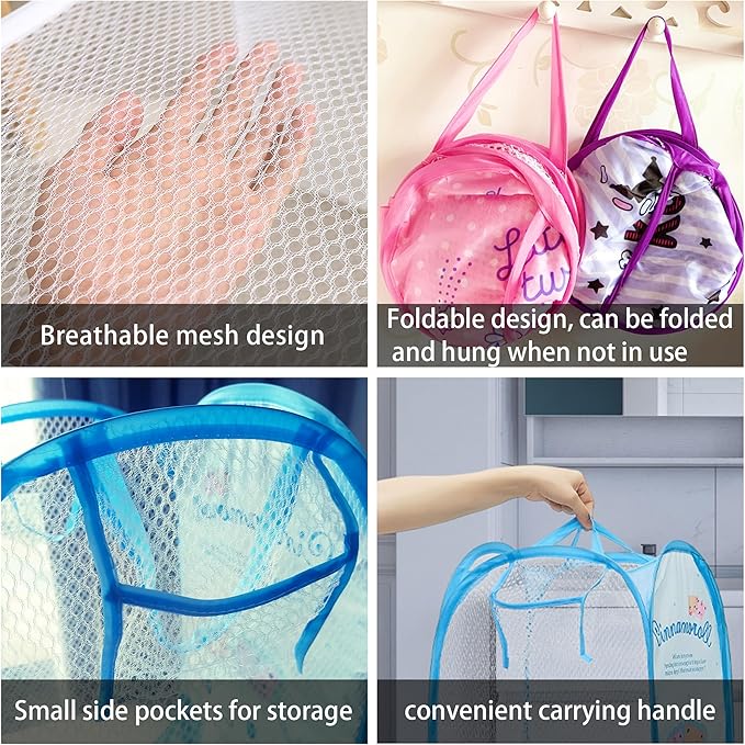Cute Mesh Popup Laundry Hamper with Carry Handles, Large Capacity Foldable Lightweight Dirty Clothes Basket for Girls Room, Dorm | Travel & Camping