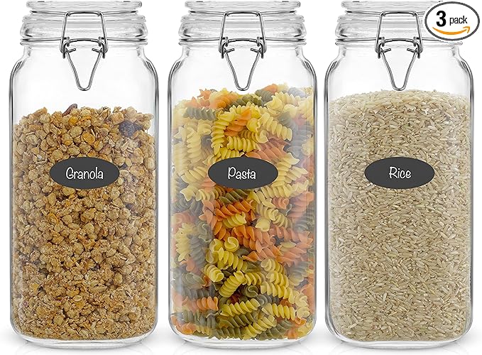 Airtight Glass Jars with Lids Set of 3. 78oz Glass Jar with Lid and 6 Silicone Seals! Large Glass Food Storage Containers. Square Mason Jar for Candy, Flour, Pasta Containers for Pantry