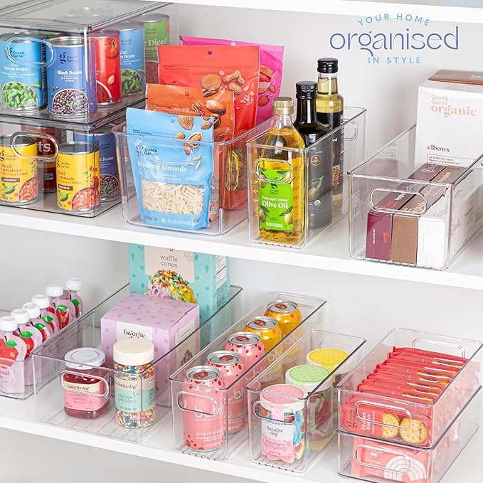 Plastic Food Storage 6 Pack Clear Container Bin with Handles for Organizing Kitchen, Pantry, Refrigerator, Freezer, Pantry, Cabinet, Closet, Bathroom. 14”x8”x5”