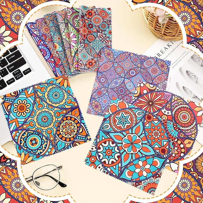 Sinmoe 20 Pcs Microfiber Cleaning Cloth Microfiber Cloth Gift Soft Multicolor Glasses Cleaner for Eyeglasses Camera Lens Cell Phone Screens Glasses, 6 x 6 Inches(Mandala)