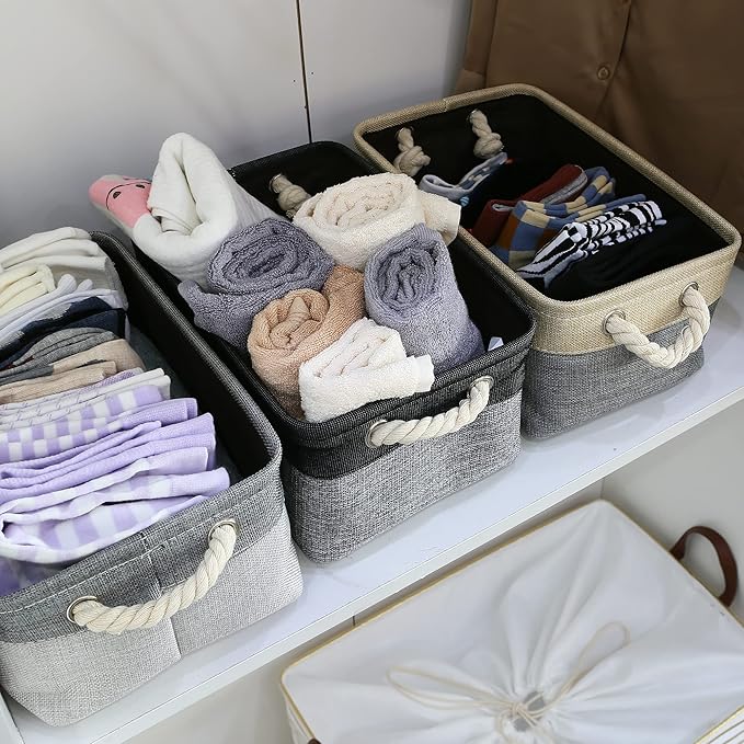 Sea Team 3-Pack Small Storage Basket Set, Storage Cube Organizer, Storage Bins, 12 x 8 x 5 Inches, Rectangle Canvas Fabric Collapsible Shelf Box with Handles for Kids Room (Ash Grey/Grey)