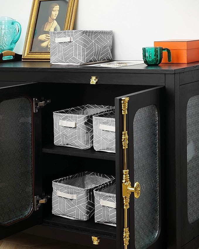CROWNED 6 Pcs Storage Basket Foldable Cube Fabric Bins Square Mini Box Receive Organizer Rectangle Canvas with Handles for Home Office Books Small 11x8x6.3 inch Grey
