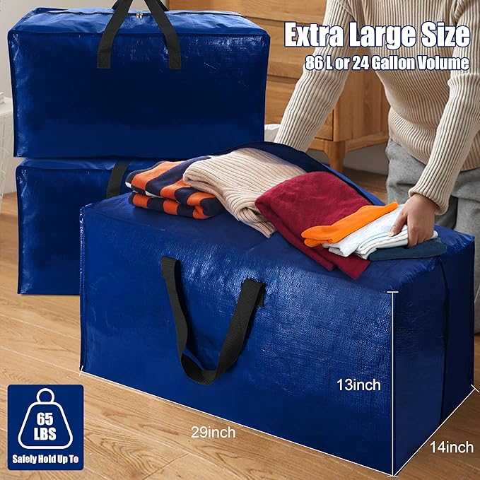 Cosy Family 12 Pack Heavy Duty Moving Bags with Backpack Straps - Strong Handles & Zippers, Storage Totes For Space Saving, Fold Flat, Alternative to Moving Box (X-Large-Set of 12, Blue)