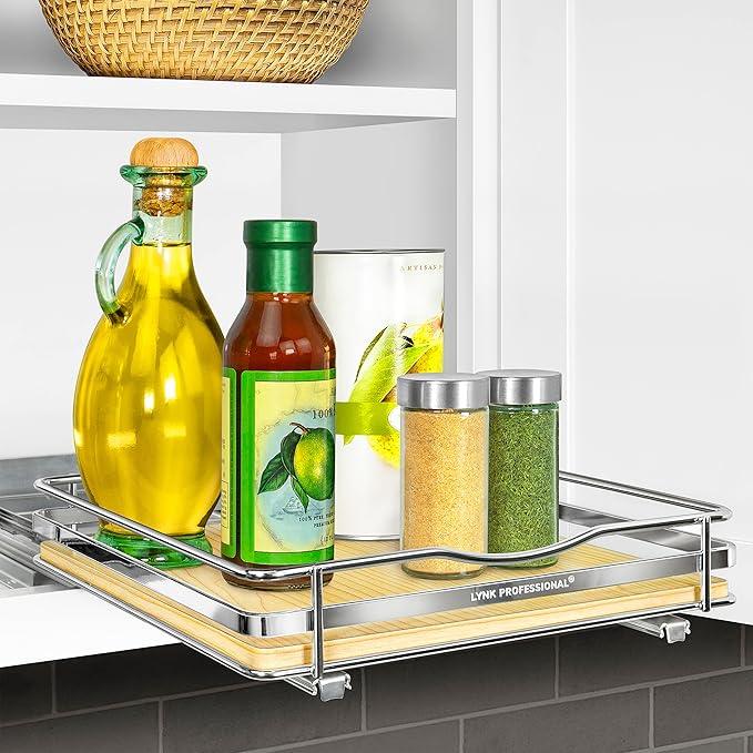 LYNK PROFESSIONAL® Élite™ Pull Out Spice Rack Organizer for Inside Kitchen Cabinets - 10-3/8 inch Wide - Slide Out Drawer – Wood/Chrome Sliding Spice Organization for cabinet - Spice Racks - 1 Tier