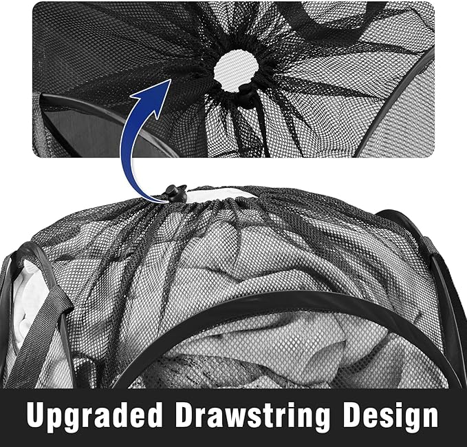 TECHMILLY Collapsible Mesh Pop Up Laundry Hamper with Sturdy Handles and Side Pocket - Portable Foldable Clothes Baskets for Dorm, Bathroom & Travel Storage (with Drawstring, Black, 3 Packs)