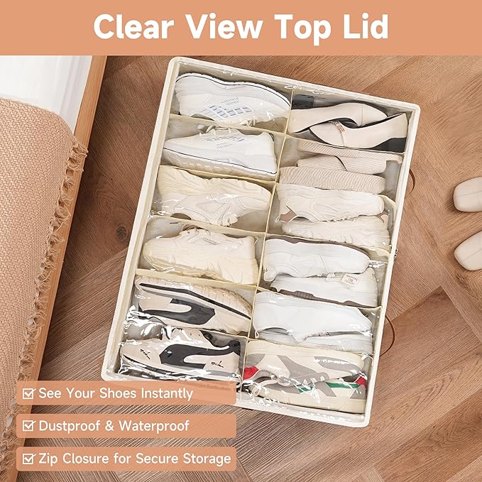 Under Bed Shoe Storage with Wheels 2 Pack, Holds 12 to 24 Pairs, Sturdy Shoe Organizer with Clear Lid, Zippers and 3 Handles, Foldable Fabric Shoe Organizer for Closet