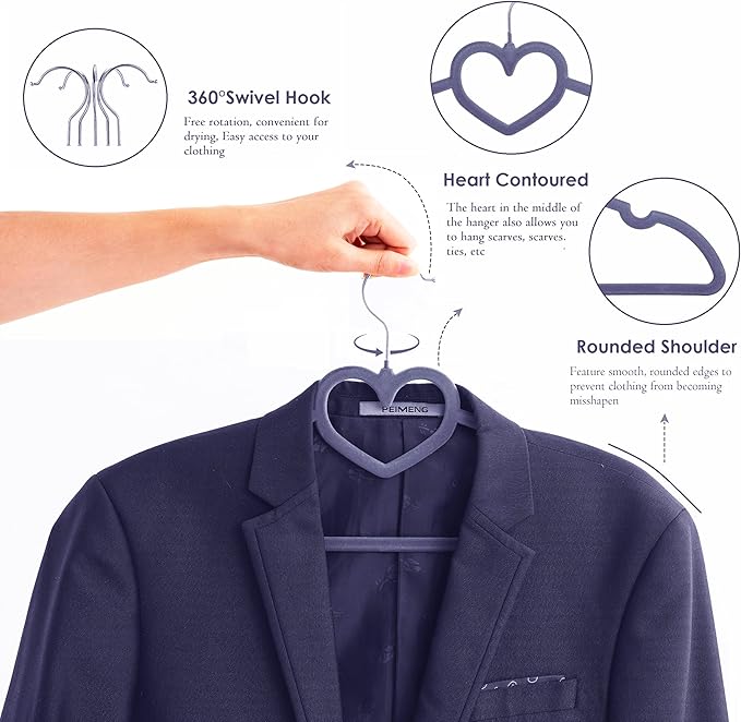 Grey Velvet Hangers 50 Pack, 16" Non Slip Adult Hangers, Slim Clothes Hanger with 360 Degree Swivel Hook - Durable & Cute