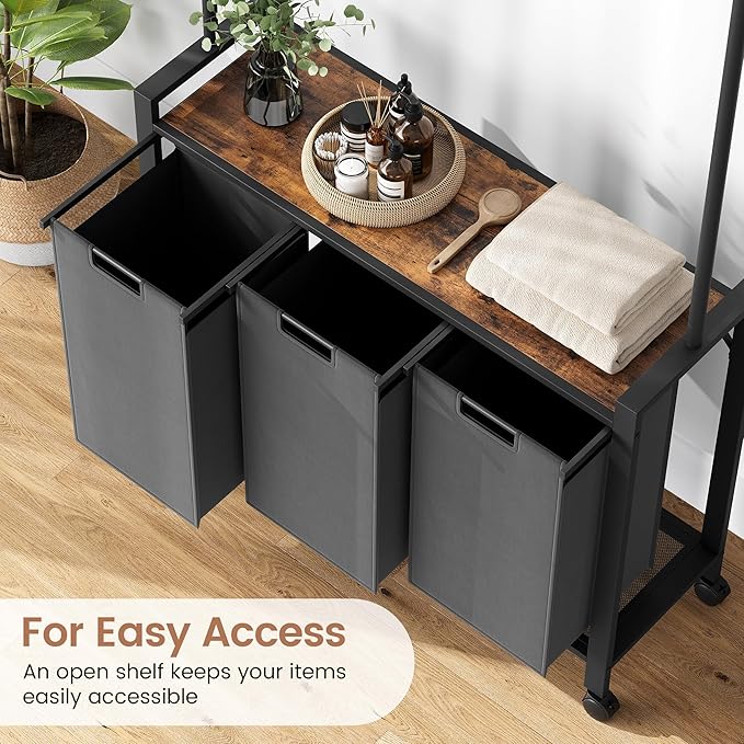 GarveeHome Laundry Sorter, Laundry Hamper 2-Section With Hanging Rack, Rolling Laundry Hamper With Removable Laundry Basket,Laundry Basket Organizer for Laundry Room, Rustic Brown