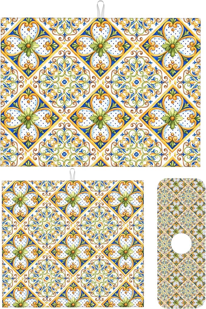 3Pcs Italian Majolica Tiles Dish Drying Mat & Kitchen Sink Splash Guard Faucet Mat For Kitchen Counter Absorbent Microfiber Dishes Pad Dish Drainer Rack Mats Fast Dry Kitchen Accessories