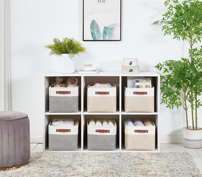 DECOMOMO Storage Baskets for Shelves - Fabric Storage Bins, Linen Closet Organizers and Storage (Beige & White, Large - 1 Pack)