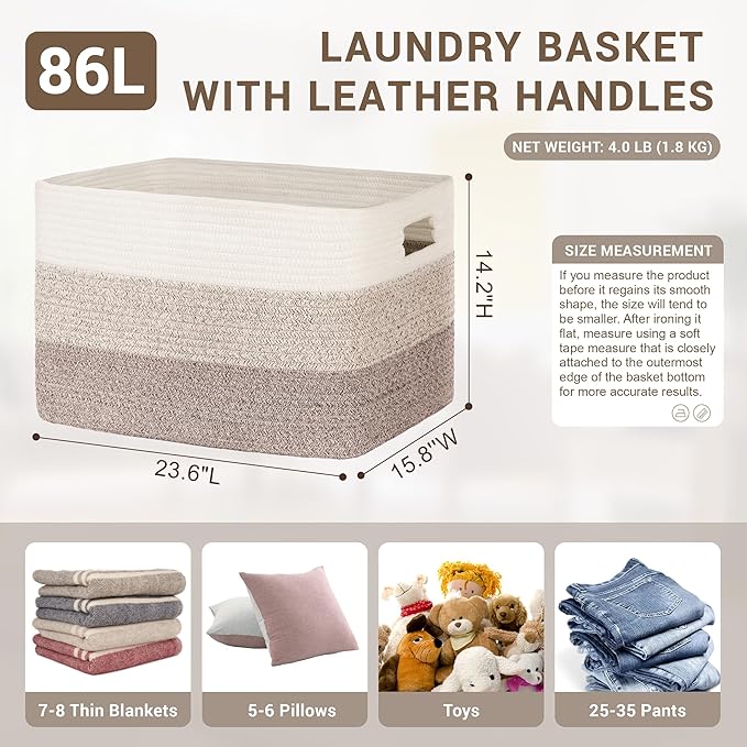 86L Extra Large Laundry Basket with Leather Handles for Living Room Storage,Woven Rope Baskets for Blanket,Kids Toy,Gifts,Wicker Hamper for Bedroom Dirty Clothes,24"x16"x14"Gradient Brown