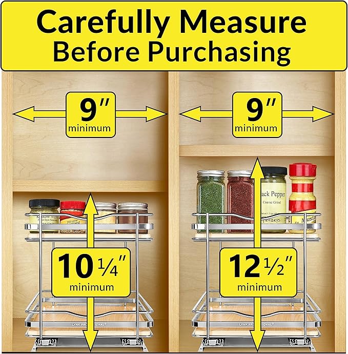 LYNK PROFESSIONAL® Élite™ Pull Out Spice Rack Organizer for Inside Kitchen Cabinets - 8-3/8 inch Wide - Slide Out Drawer – Wood/Chrome Sliding Spice Organization for cabinet - Spice Racks - 2 Tier