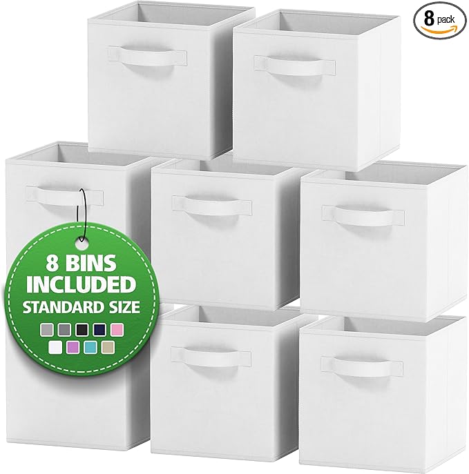 Storage Cubes Pack Of 8 - Standard Size Cube Storage Bin 10.5x10.5x11 With Dual Handles For Easy Carrying- Fabric Storage Bins Collapsible (White)