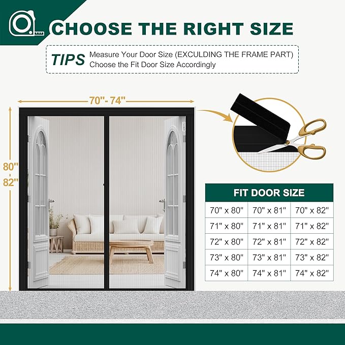 Adjustable Magnetic Screen Door Fit Door Size Width 70" - 74" Height 80" - 82", DIY Widen Heavy Duty Door Net Screen Mesh with Strong Magnet for Sliding Glass, Black