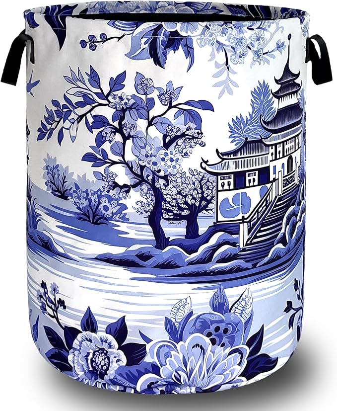 Blue White Porcelain Laundry Basket Chinoiserie Funny Laundry Hamper Foldable Oxford Cloth Colorful Tote Bag Clothes Toy Storage Bucket 18.9"x16.5" For Bathroom/Laundry Storage/Bedroom