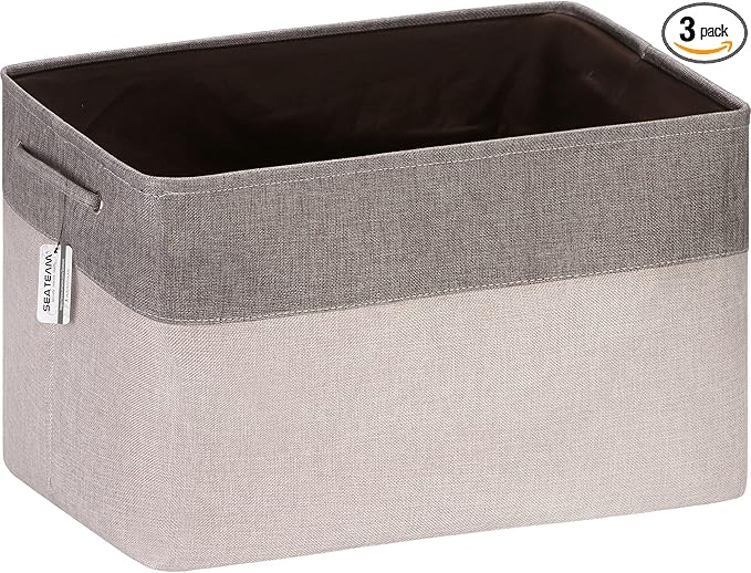 Sea Team 3-Pack Extra Large Storage Basket Set, Trunk Organizer, Clothes Toys Bin, 22 x 15 x 13 Inches, Rectangular Canvas Fabric Collapsible Shelf Box with Handles for Kids Room (Ash Grey/Grey)
