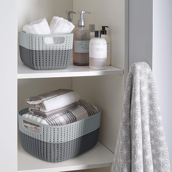 Simplify 2 Tone Sailor Knot Plastic Storage Tote | Decorative Basket | Closet Organization | De-clutter | Accessories | Toys | Bathroom Organization | Large | Grey/Grey