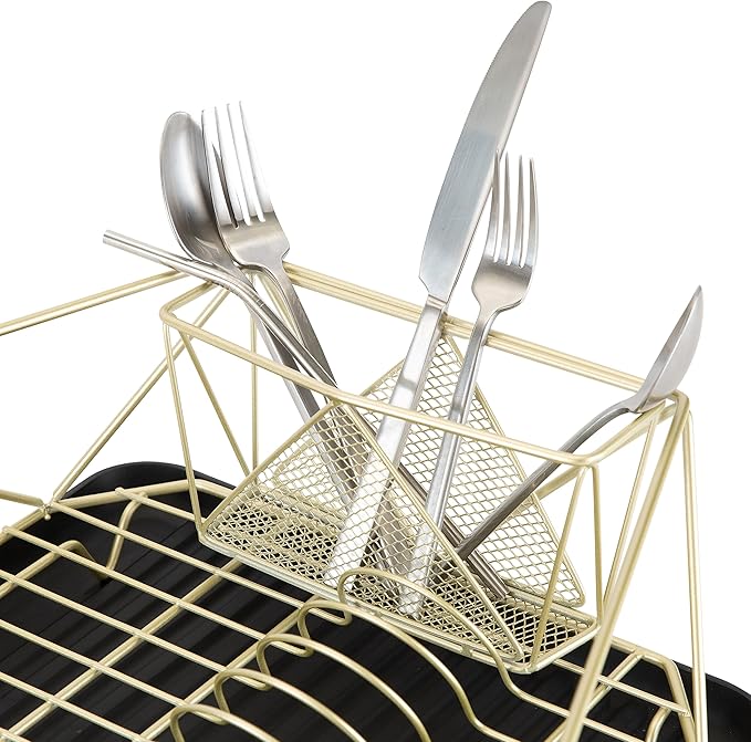 Kitchen Details Geode Deluxe Dish Drying Rack with Drain Board | Cutlery Basket | Utensil Holder | Iron Frame | Satin Gold