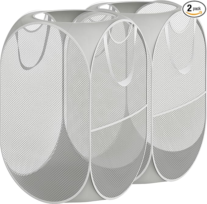 Simple Houseware Mesh Pop-Up Laundry Hamper Basket With Side Pocket, Gray - 2 Pack
