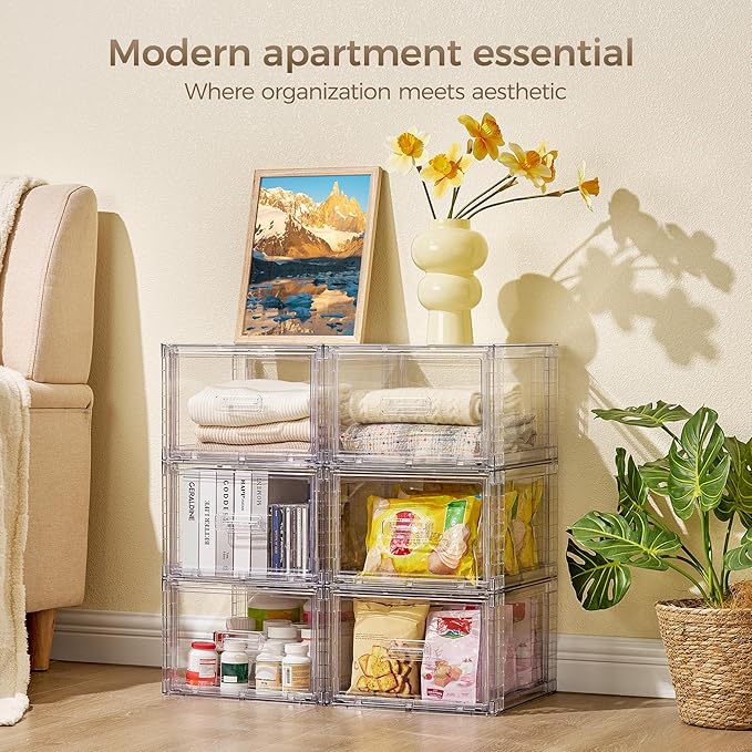 Vtopmart 3 Pack 18QT Clear Stackable Storage Drawers,Easily Assemble Closet Organizers,Plastic Storage Bins for Bathroom,Cabinet,Kitchen Pantry,Under Sink Organization(Medium)