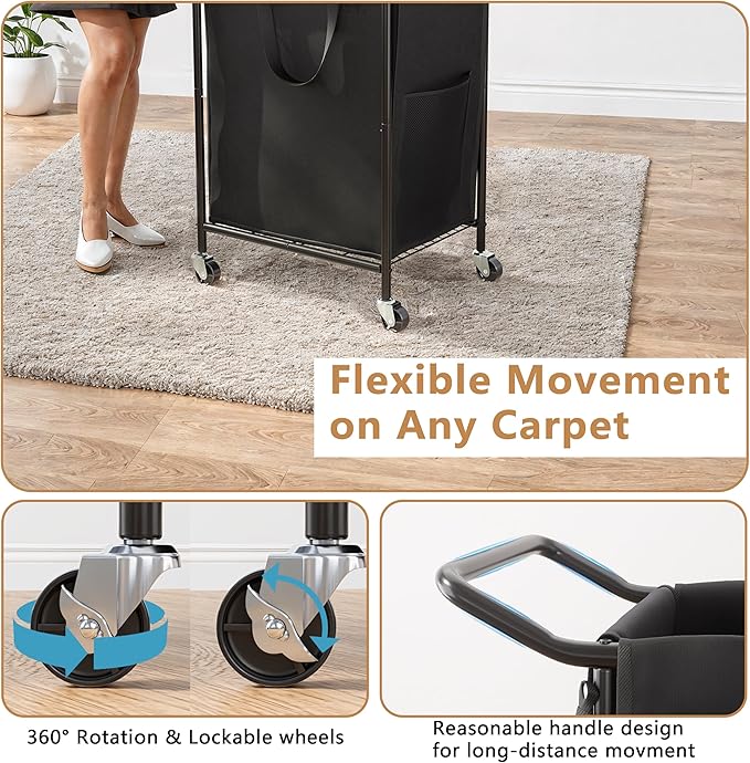 150L Laundry Basket with Wheels, Double Rolling Laundry Hamper with Metal Frame and Removable Bag, Dirty Clothes Hampers for Bedroom, Bathroom, Dorm Room, Black