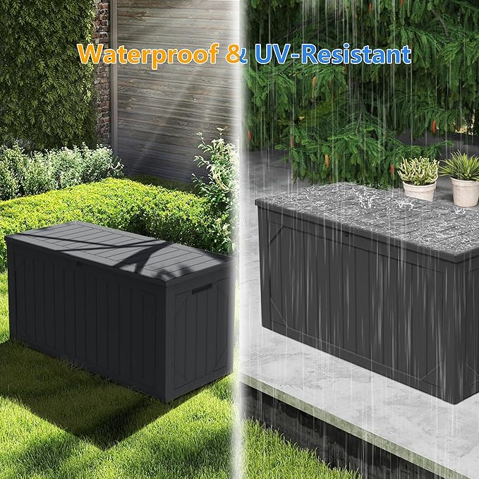 Outdoor Storage Box Waterproof, 100 Gallon Lockable Resin Deck Box Patio Storage Bin for Pool Accessories Cushion Furniture, Garden Tools, UV-Resistant Outside Delivery, Black