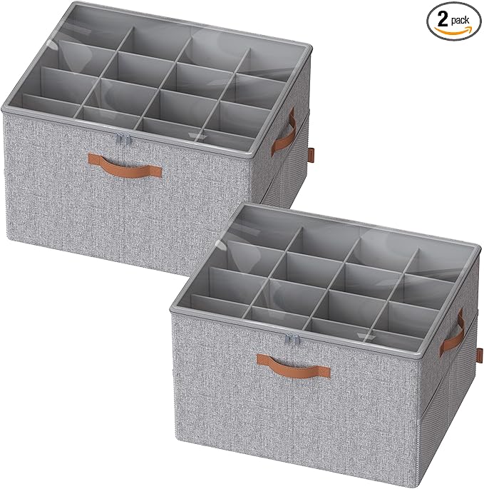 SONGMICS Shoe Organizers for Closet, Pack 2 Shoe Storage Bins, Fits 32 Pairs, Fabric Containers with Handles and Clear Cover, Adjustable Dividers, Customizable, Dove Gray ULSP556G01