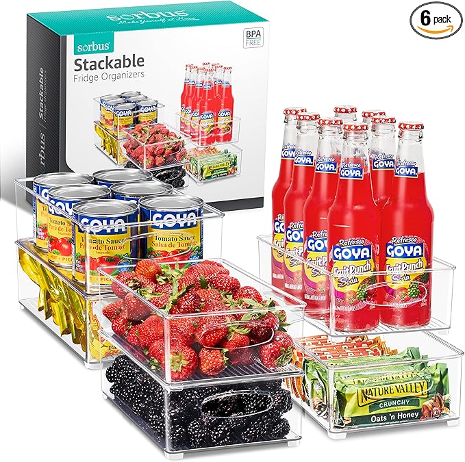 Sorbus Stackable Refrigerator Organizer Bins - Clear Storage Bins for Kitchen Pantry, Freezer & Fridge Organization - Food Organizing Plastic Containers with Handles for Countertops & Drawers (6 Pack)