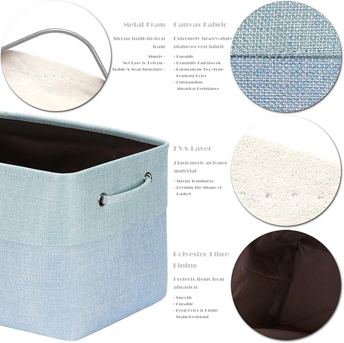Sea Team 3-Pack Large Storage Basket Set, Trunk Organizer, Clothes Toys Bin, 15 x 10 x 10 Inches, Big Rectangular Canvas Fabric Collapsible Shelf Box with Handles for Kids Room (Babyblue/Mint)