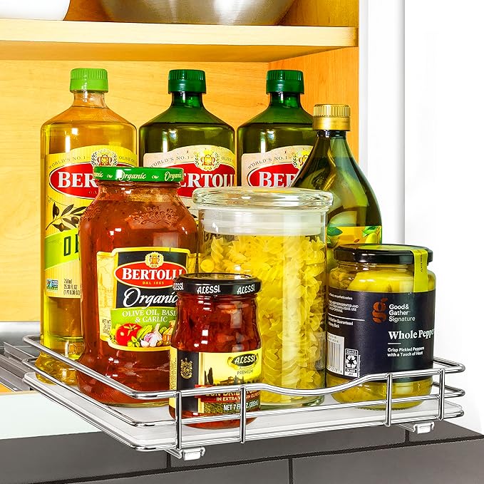LYNK PROFESSIONAL® Pull Out Spice Rack Organizer for Inside Kitchen Cabinets - 10-3/8 inch Wide - Slide Out Drawer – Chrome Sliding Spice Organization for cabinet - Spice Racks - 1 Tier