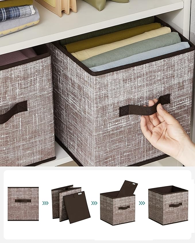 SONGMICS Storage Cubes, 11-Inch Non-Woven Fabric Bins with Double Handles, Set of 6, Closet Organizers for Shelves, Foldable, for Clothes, Walnut Color UROB026K02