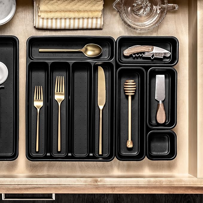 madesmart Small Silverware Tray, Compact 5 Compartment Flatware Organizer for Forks, Knives & Spoons, Non Slip, Soft Grip Lining, Fits Small Drawers, Black