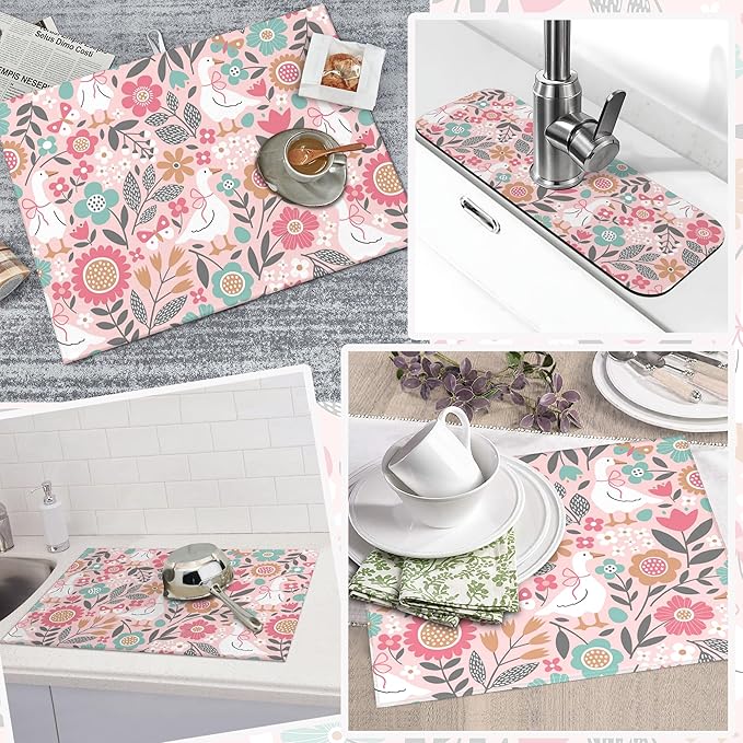 3Pcs Goose and Flower Dish Drying Mat & Kitchen Sink Splash Guard Faucet Mat For Kitchen Counter Absorbent Microfiber Dishes Pad Dish Drainer Rack Mats Fast Dry Kitchen Accessories