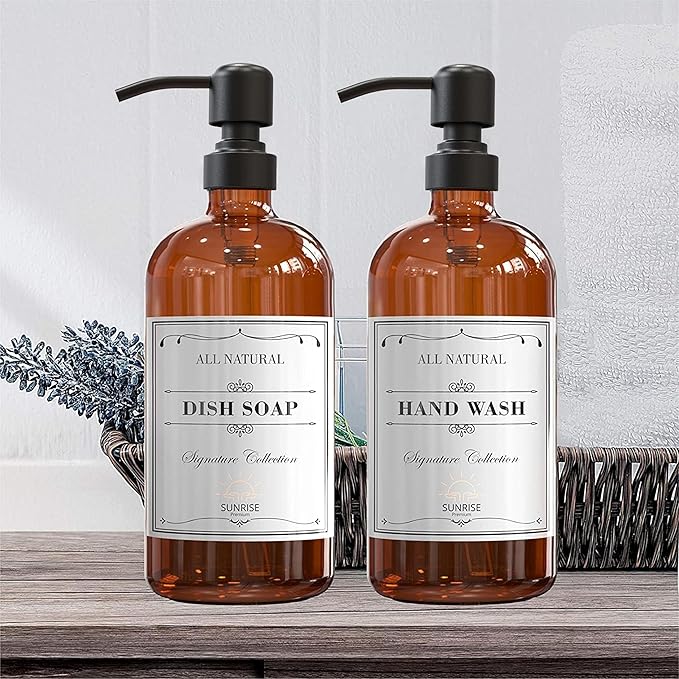 4 Pack Amber Glass Soap Dispenser 16 OZ with Matte Black Stainless Steel Pump, Hand and Dish Soap Dispenser Set for Bathroom and Kitchen Sink with 12 Waterproof Labels