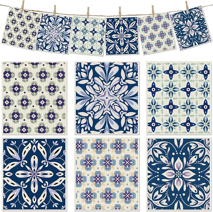 6 Packs Swedish Paper Cloths for Kitchen, Reusable Paper Towels Washable Dish Rags, Highly Absorbent Kitchen Towels Quick Drying Swedish Sponge Cleaning Dish Cloths (Blue Ornamentation)