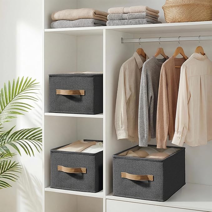 3 Pack Fabric Storage Bins for Shelves | 11.5x8.75x6.5in Storage Baskets | Fabric Closet Organizers and Storage Bins with Handles Home Organization| Linen Clothes Bins | Black