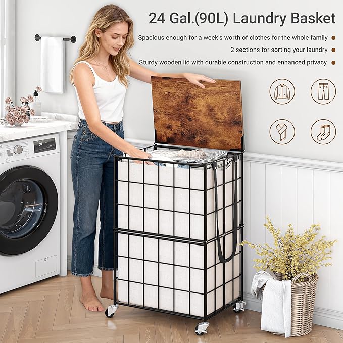 90L Laundry Basket with Wheels, Large Capacity Laundry Hamper with Removable Liner Bags, Heavy Duty Laundry Sorter with Solid Wood Lid & Leather Handles (Beige) TLH001B01