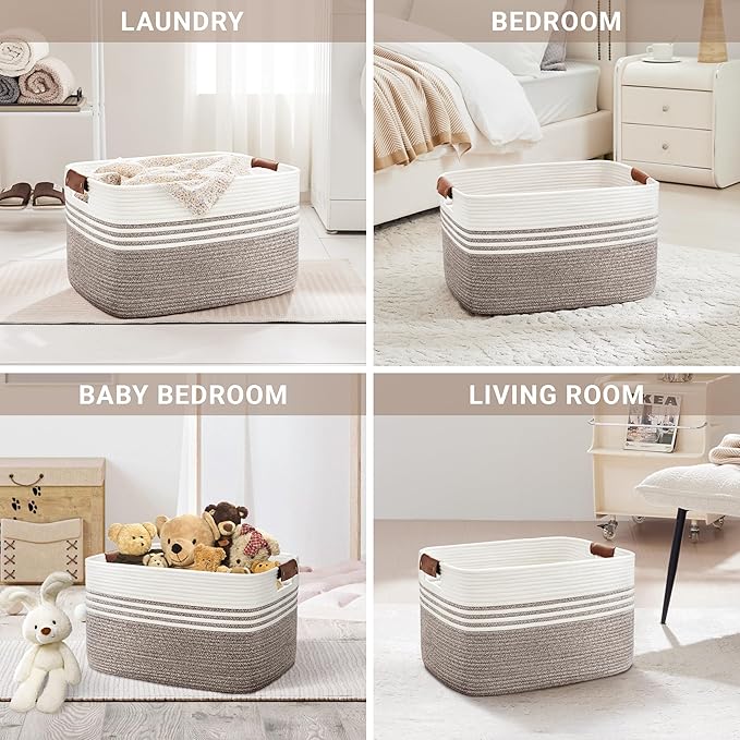 72L Large Laundry Basket with Leather Handles for Living Room Storage, Woven Rope Baskets Bin for Blanket, Kids Toy, Gifts, Wicker Hamper for Bedroom Dirty Clothes, 22"x17"x12" Dark Brown